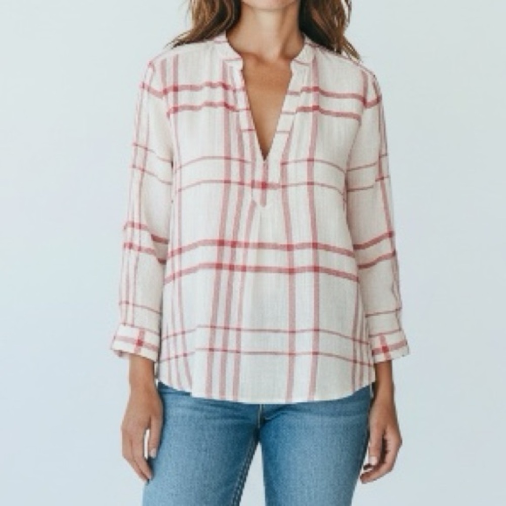 Liverpool Women's Red & White Plaid Split V-Neck Pullover Top, Long Sleeve, Sz M